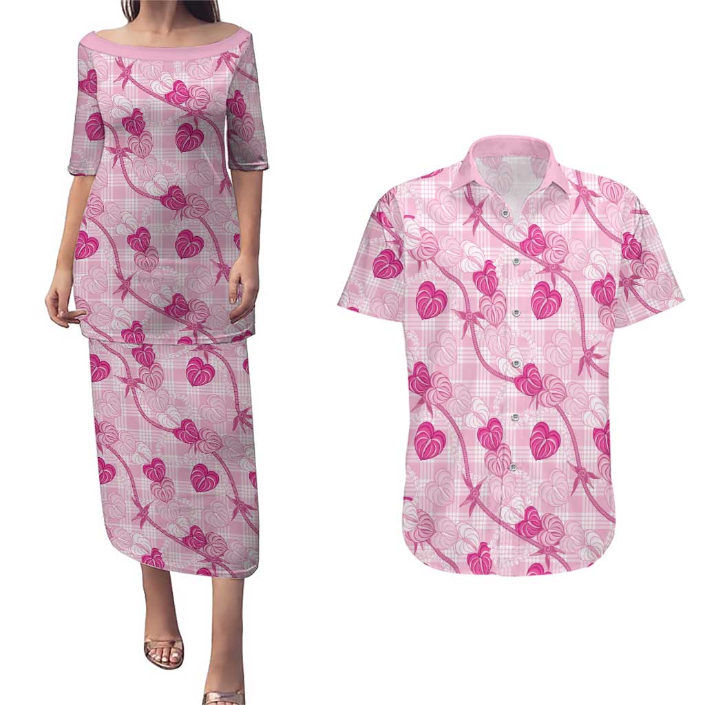 Anthurium Pikake Ti Leaf Palaka Couples Matching Puletasi and Hawaiian Shirt Pink Version