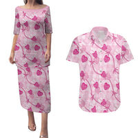 Anthurium Pikake Ti Leaf Palaka Couples Matching Puletasi and Hawaiian Shirt Pink Version