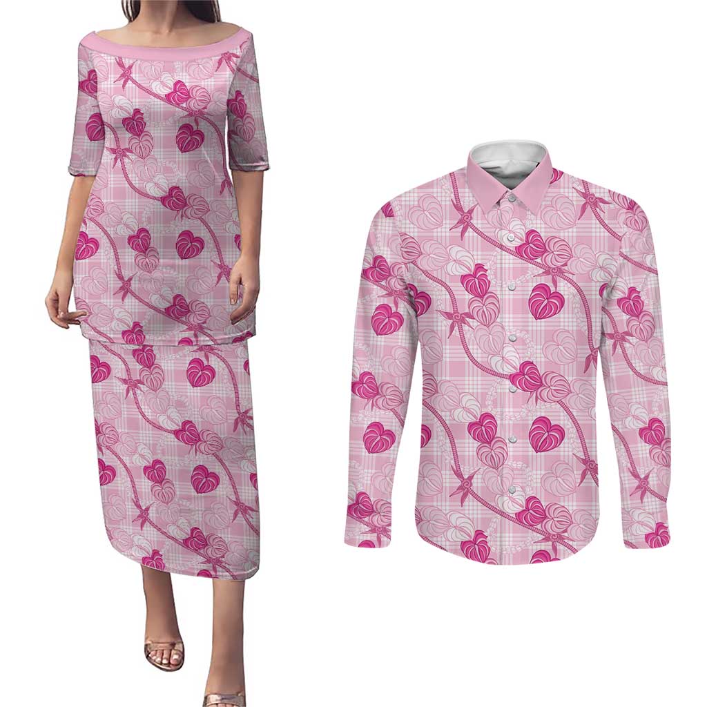 Anthurium Pikake Ti Leaf Palaka Couples Matching Puletasi and Long Sleeve Button Shirt Pink Version
