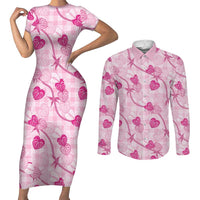 Anthurium Pikake Ti Leaf Palaka Couples Matching Short Sleeve Bodycon Dress and Long Sleeve Button Shirt Pink Version