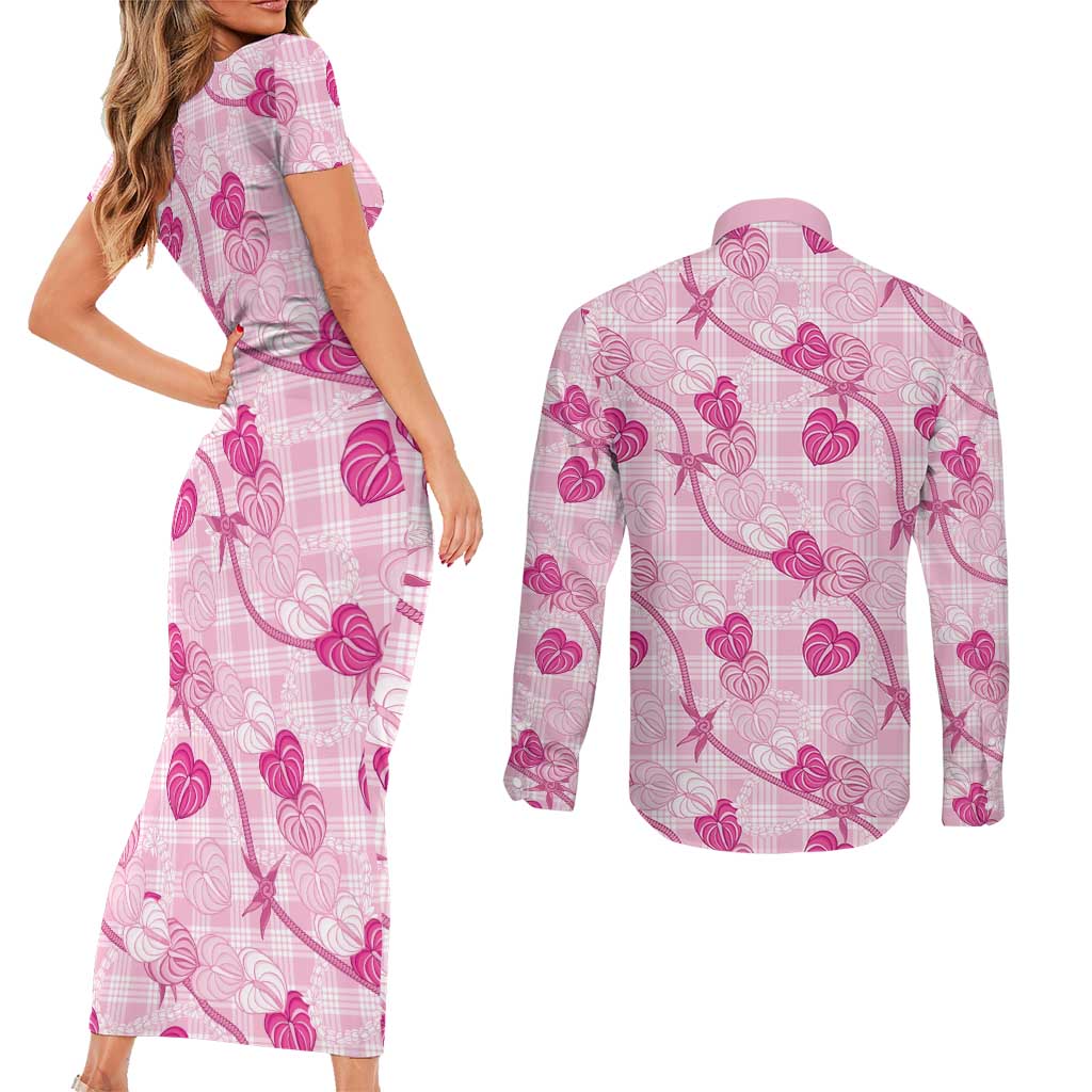 Anthurium Pikake Ti Leaf Palaka Couples Matching Short Sleeve Bodycon Dress and Long Sleeve Button Shirt Pink Version