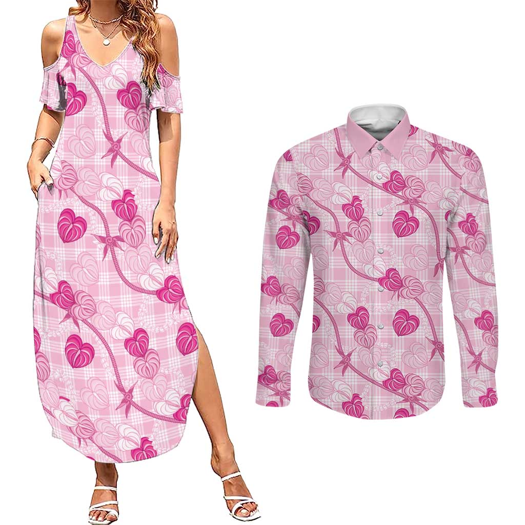 Anthurium Pikake Ti Leaf Palaka Couples Matching Summer Maxi Dress and Long Sleeve Button Shirt Pink Version