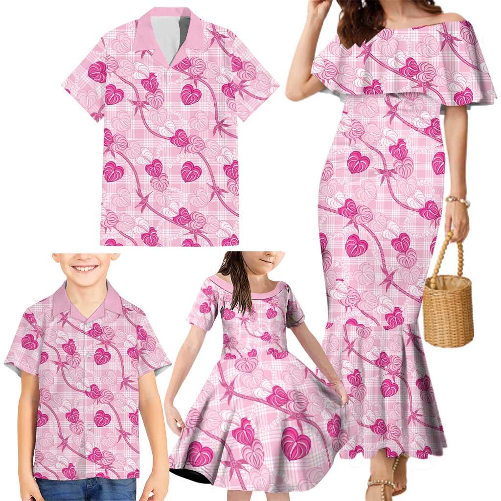 Anthurium Pikake Ti Leaf Palaka Family Matching Mermaid Dress and Hawaiian Shirt Pink Version