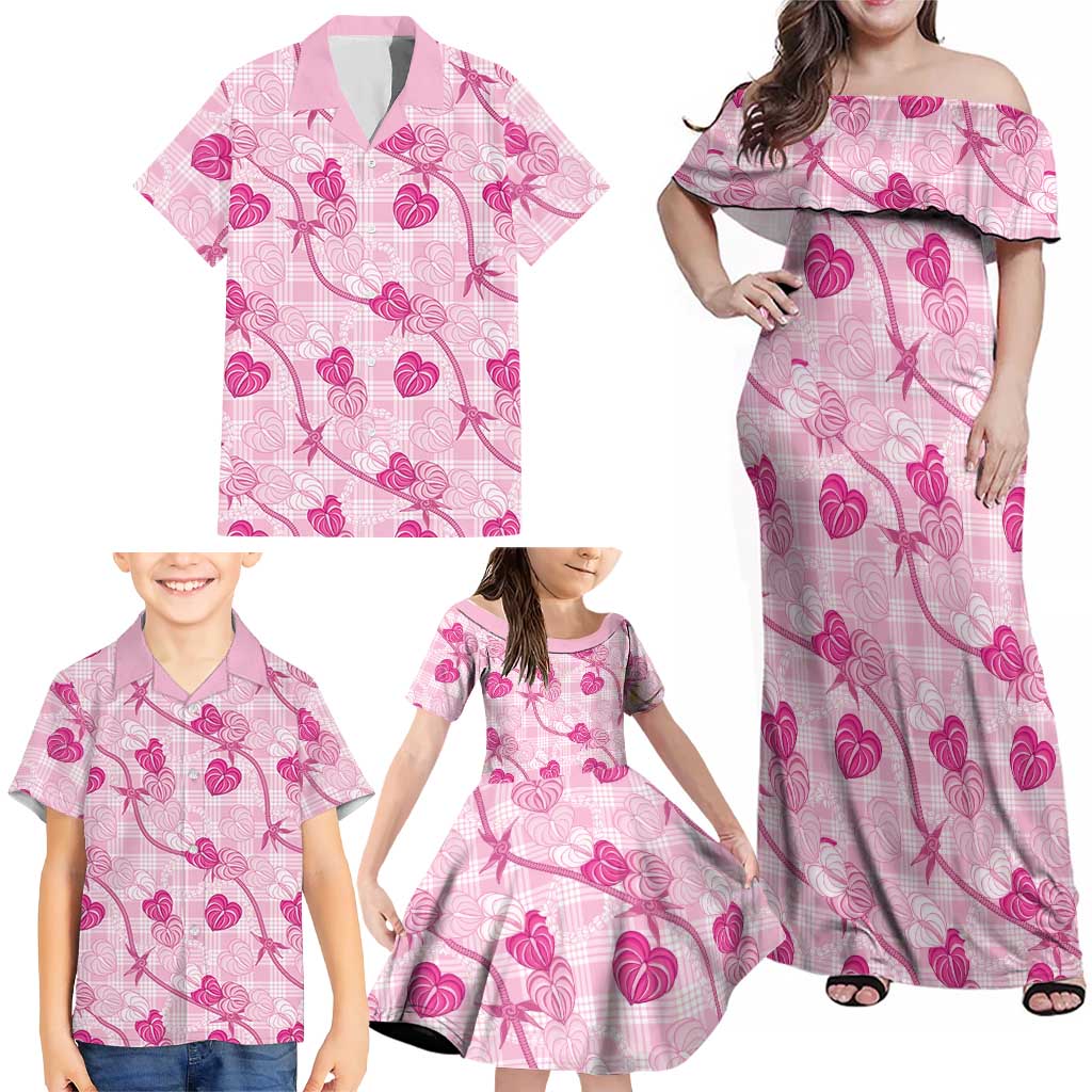 Anthurium Pikake Ti Leaf Palaka Family Matching Off Shoulder Maxi Dress and Hawaiian Shirt Pink Version
