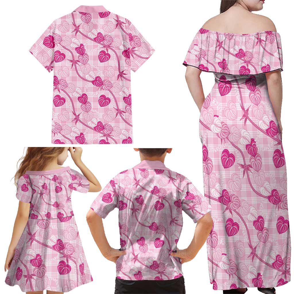 Anthurium Pikake Ti Leaf Palaka Family Matching Off Shoulder Maxi Dress and Hawaiian Shirt Pink Version