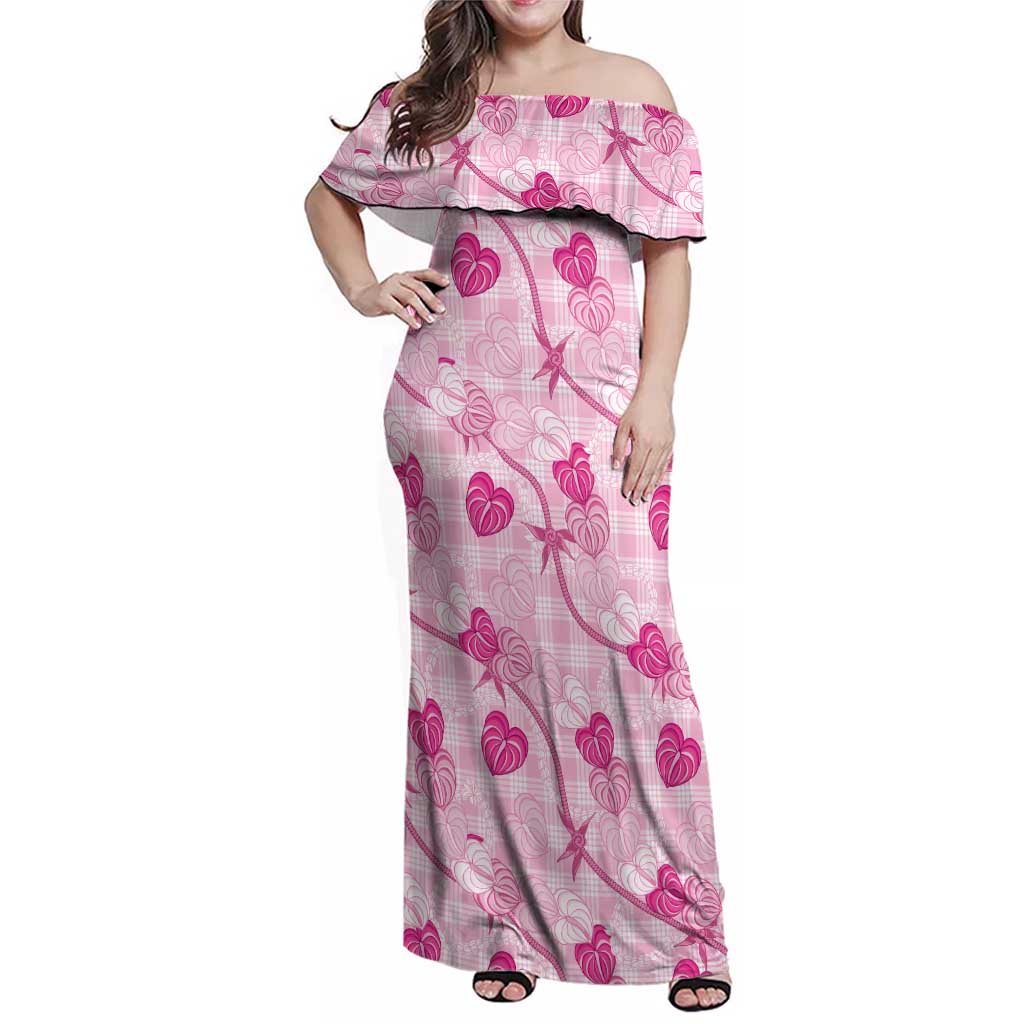 Anthurium Pikake Ti Leaf Palaka Family Matching Off Shoulder Maxi Dress and Hawaiian Shirt Pink Version