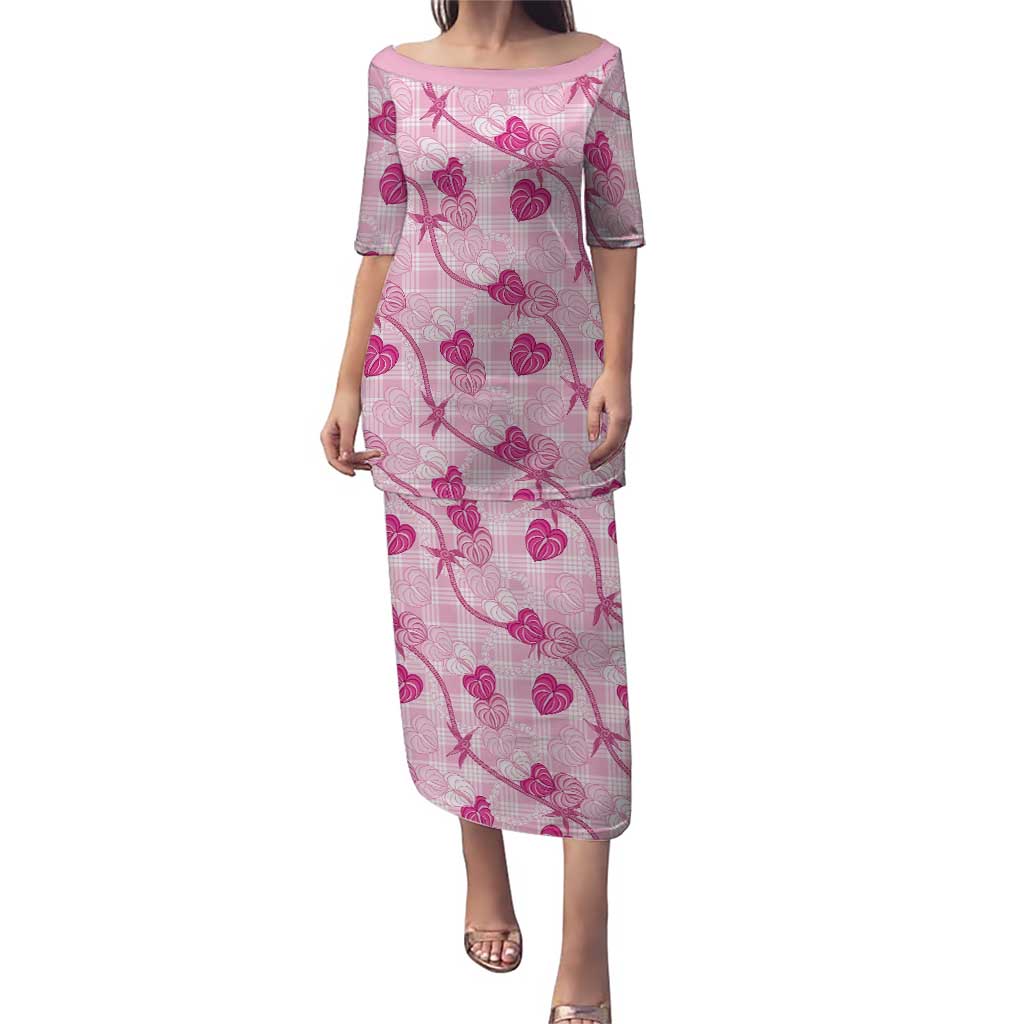 Anthurium Pikake Ti Leaf Palaka Family Matching Puletasi and Hawaiian Shirt Pink Version