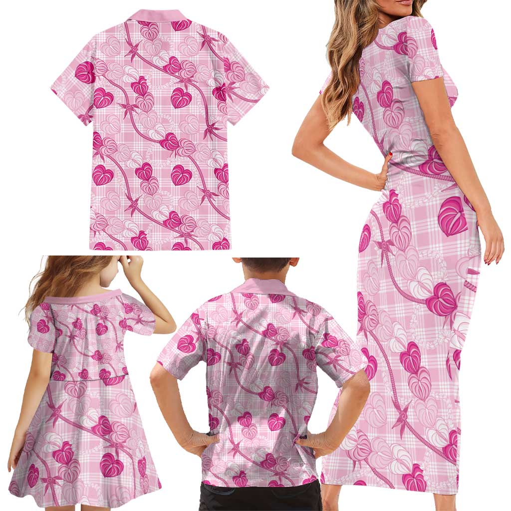 Anthurium Pikake Ti Leaf Palaka Family Matching Short Sleeve Bodycon Dress and Hawaiian Shirt Pink Version
