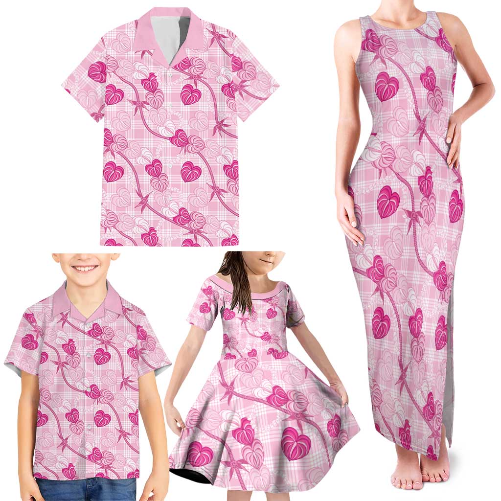 Anthurium Pikake Ti Leaf Palaka Family Matching Tank Maxi Dress and Hawaiian Shirt Pink Version