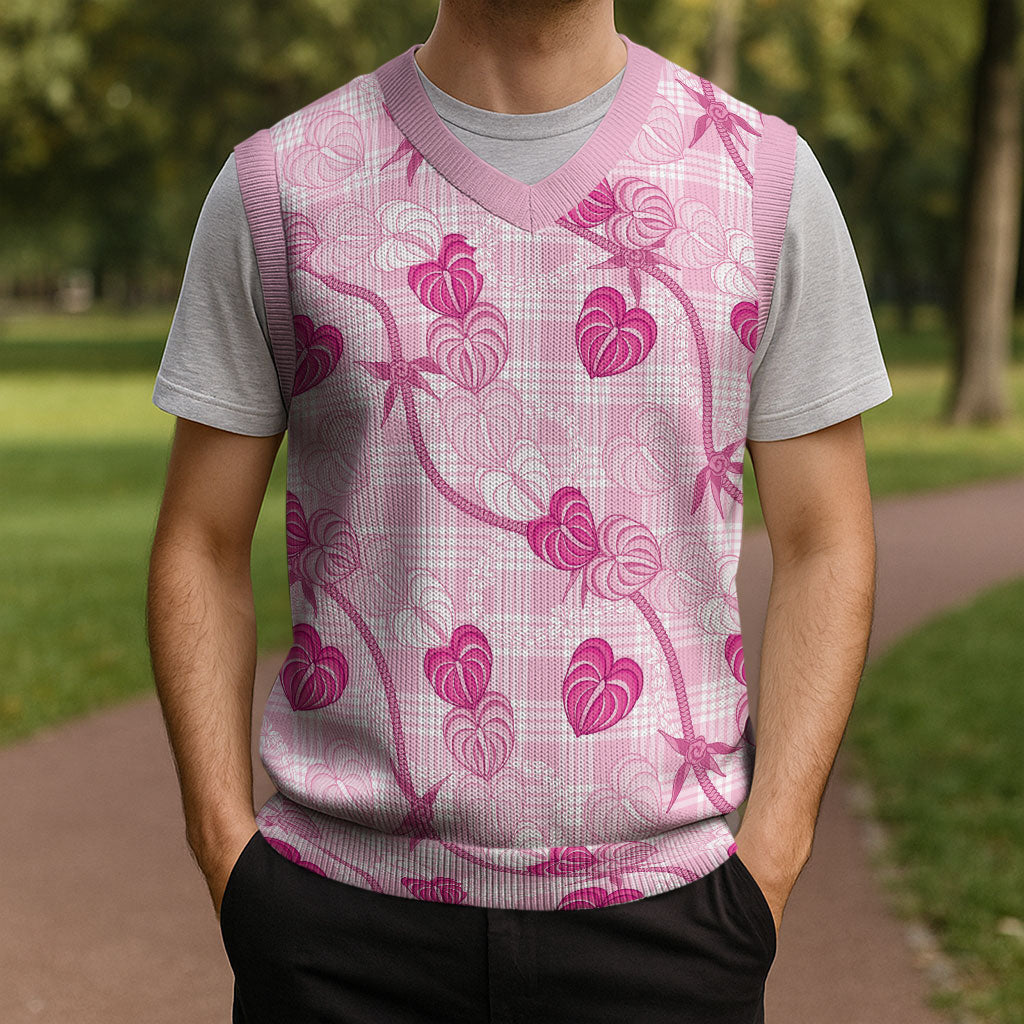 Anthurium Pikake Ti Leaf Palaka Christmas Knitted V-Neck Vest Pink Version LT01 - Polynesian Pride