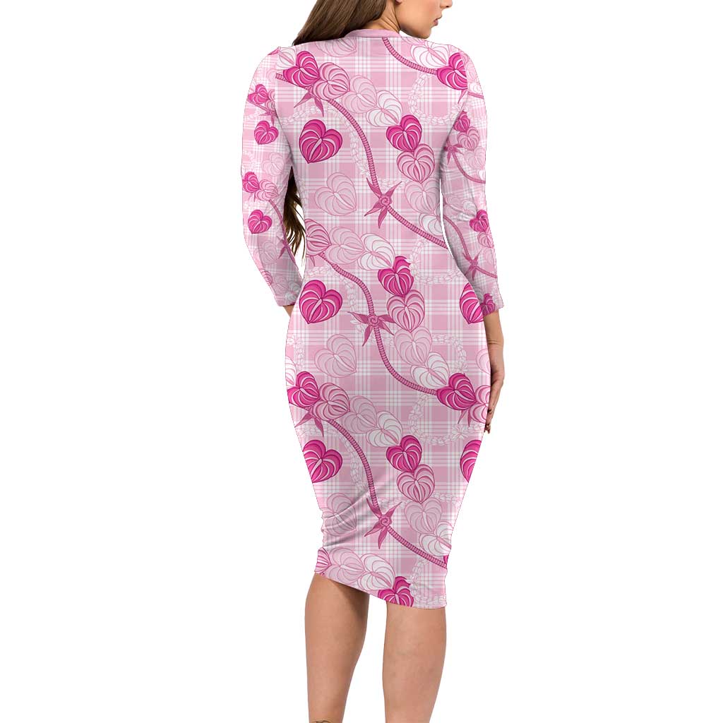 Anthurium Pikake Ti Leaf Palaka Long Sleeve Bodycon Dress Pink Version