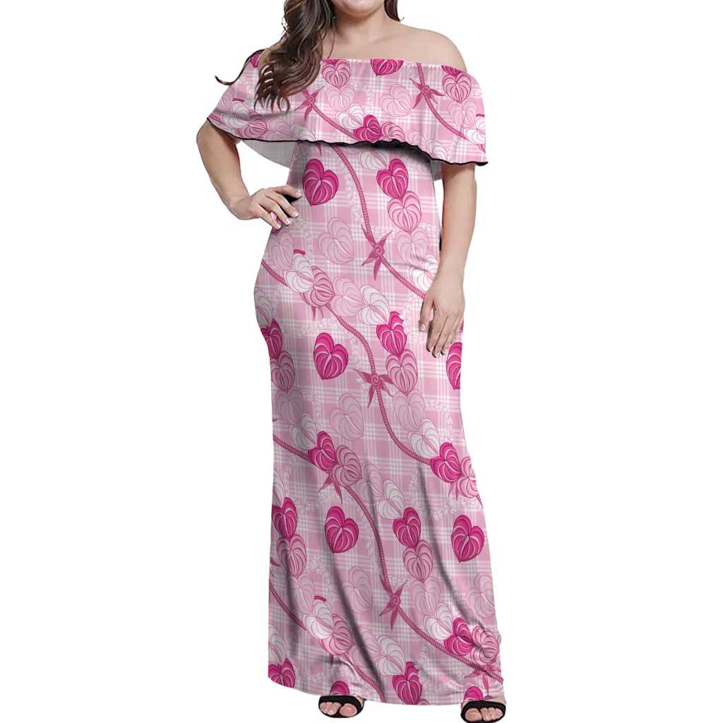 Anthurium Pikake Ti Leaf Palaka Off Shoulder Maxi Dress Pink Version