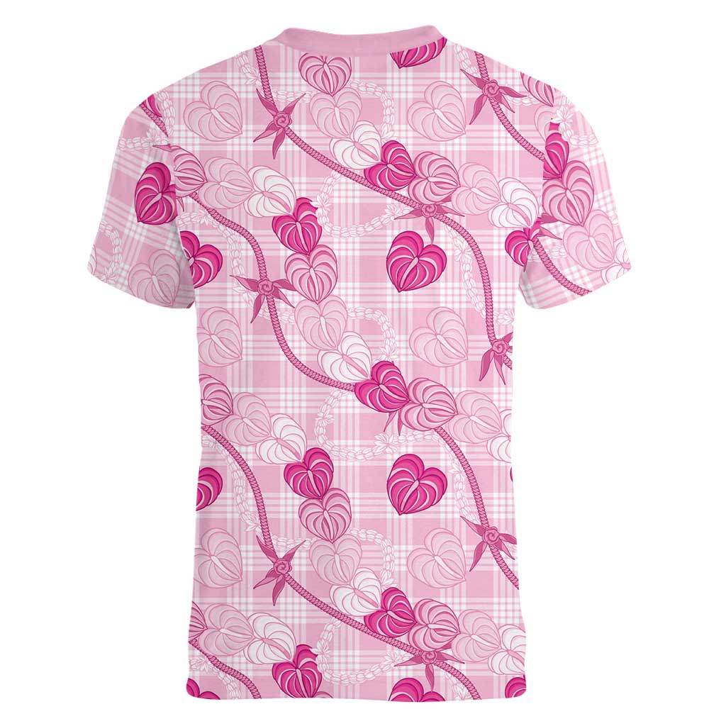 Anthurium Pikake Ti Leaf Palaka Women V-Neck T-Shirt Pink Version