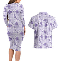 Anthurium Pikake Ti Leaf Palaka Couples Matching Long Sleeve Bodycon Dress and Hawaiian Shirt Purple Version
