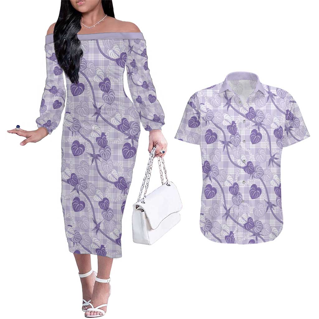 Anthurium Pikake Ti Leaf Palaka Couples Matching Off The Shoulder Long Sleeve Dress and Hawaiian Shirt Purple Version