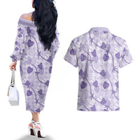 Anthurium Pikake Ti Leaf Palaka Couples Matching Off The Shoulder Long Sleeve Dress and Hawaiian Shirt Purple Version