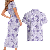 Anthurium Pikake Ti Leaf Palaka Couples Matching Short Sleeve Bodycon Dress and Hawaiian Shirt Purple Version