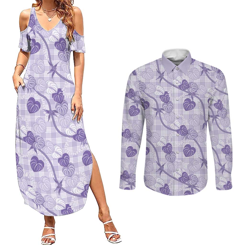 Anthurium Pikake Ti Leaf Palaka Couples Matching Summer Maxi Dress and Long Sleeve Button Shirt Purple Version