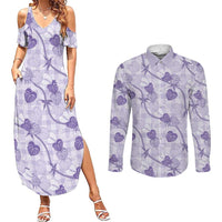 Anthurium Pikake Ti Leaf Palaka Couples Matching Summer Maxi Dress and Long Sleeve Button Shirt Purple Version