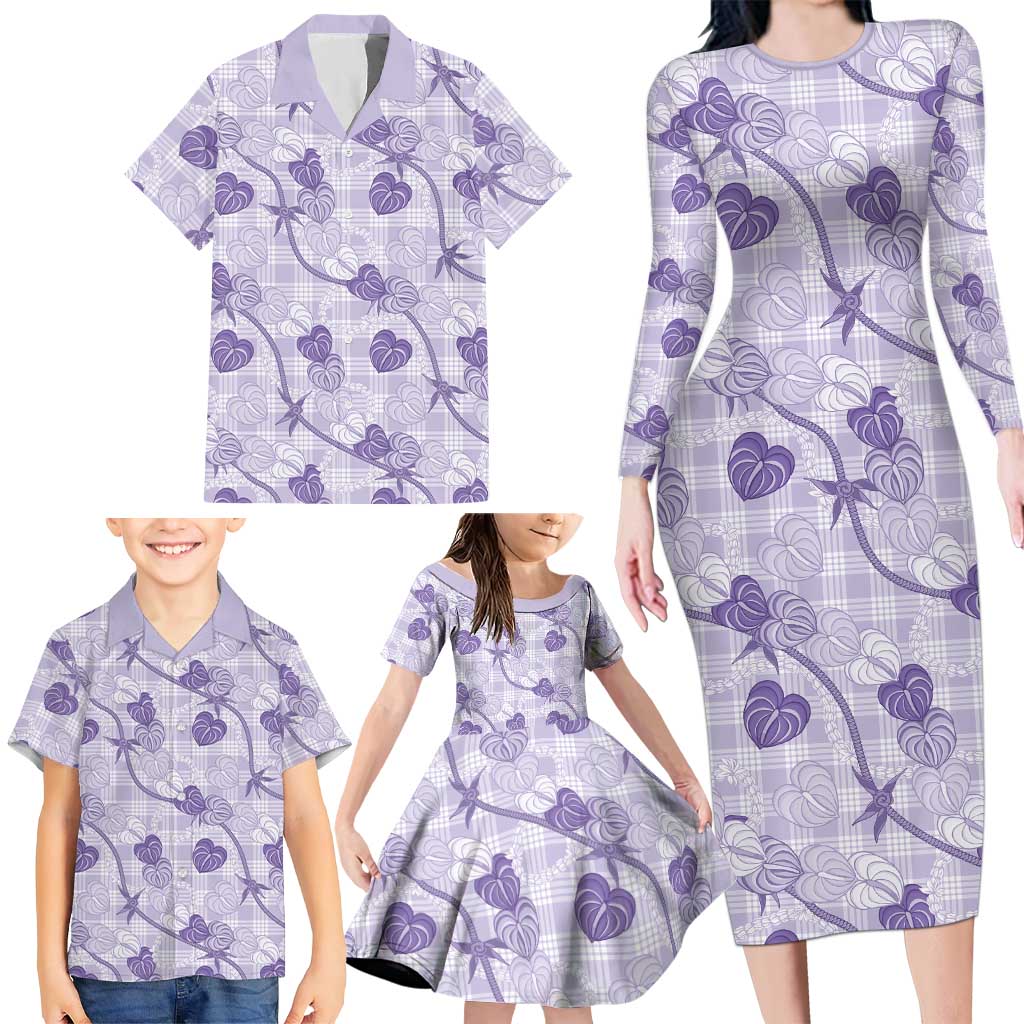 Anthurium Pikake Ti Leaf Palaka Family Matching Long Sleeve Bodycon Dress and Hawaiian Shirt Purple Version LT01 - Polynesian Pride