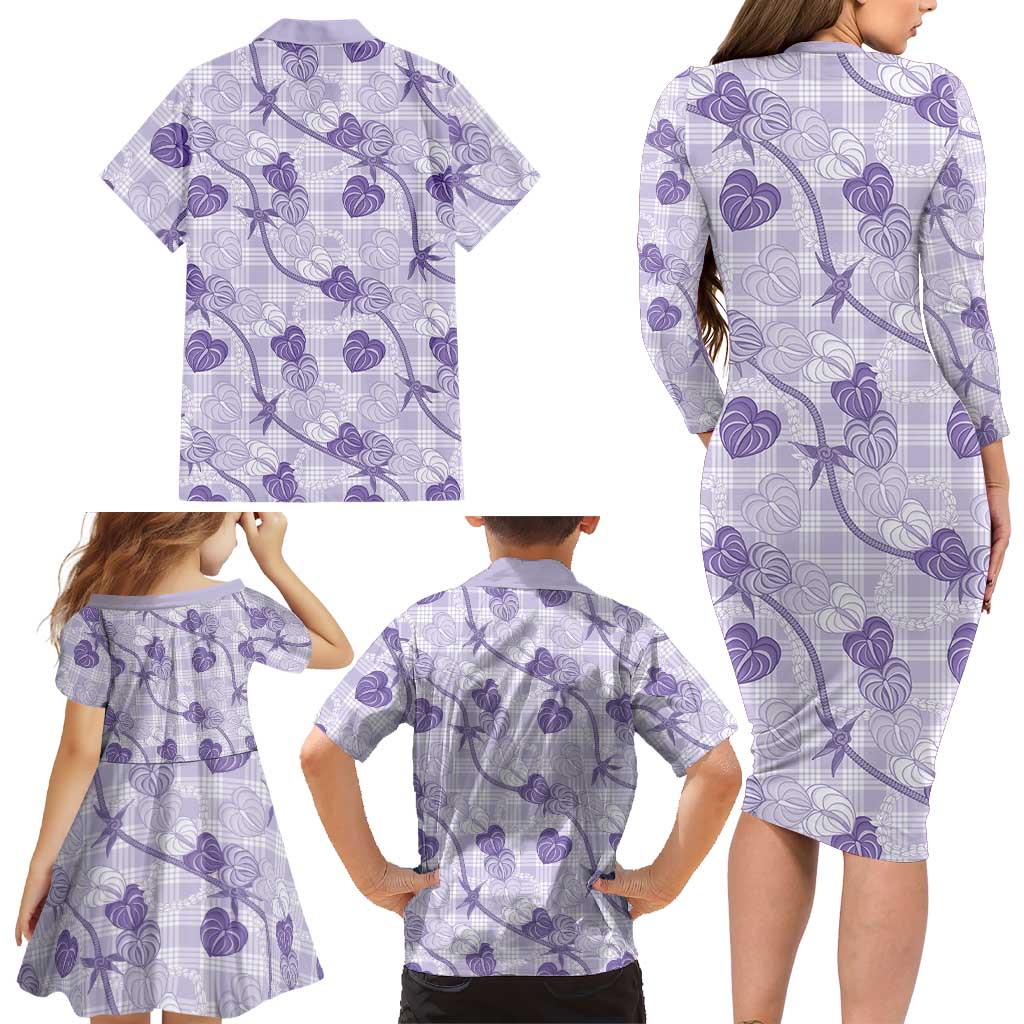 Anthurium Pikake Ti Leaf Palaka Family Matching Long Sleeve Bodycon Dress and Hawaiian Shirt Purple Version