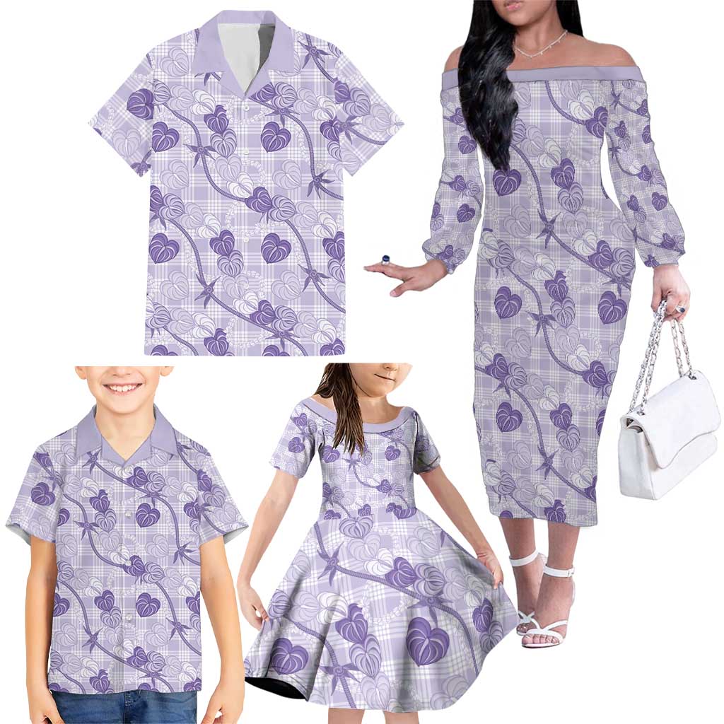Anthurium Pikake Ti Leaf Palaka Family Matching Off The Shoulder Long Sleeve Dress and Hawaiian Shirt Purple Version