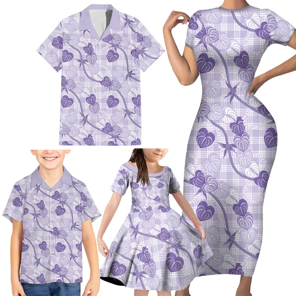 Anthurium Pikake Ti Leaf Palaka Family Matching Short Sleeve Bodycon Dress and Hawaiian Shirt Purple Version