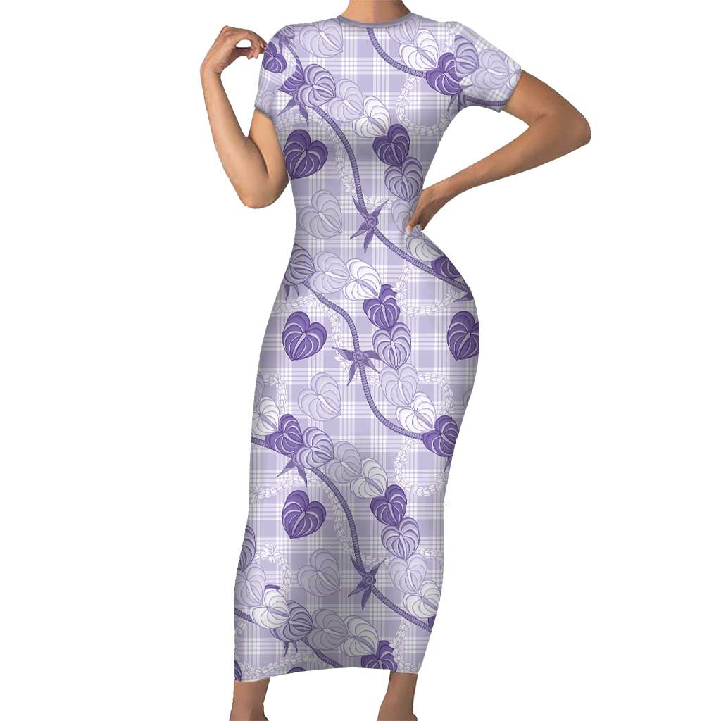 Anthurium Pikake Ti Leaf Palaka Family Matching Short Sleeve Bodycon Dress and Hawaiian Shirt Purple Version