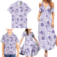 Anthurium Pikake Ti Leaf Palaka Family Matching Summer Maxi Dress and Hawaiian Shirt Purple Version