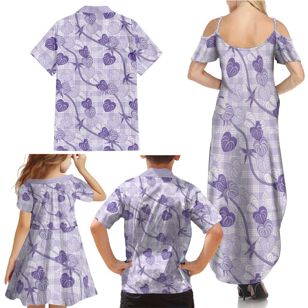 Anthurium Pikake Ti Leaf Palaka Family Matching Summer Maxi Dress and Hawaiian Shirt Purple Version