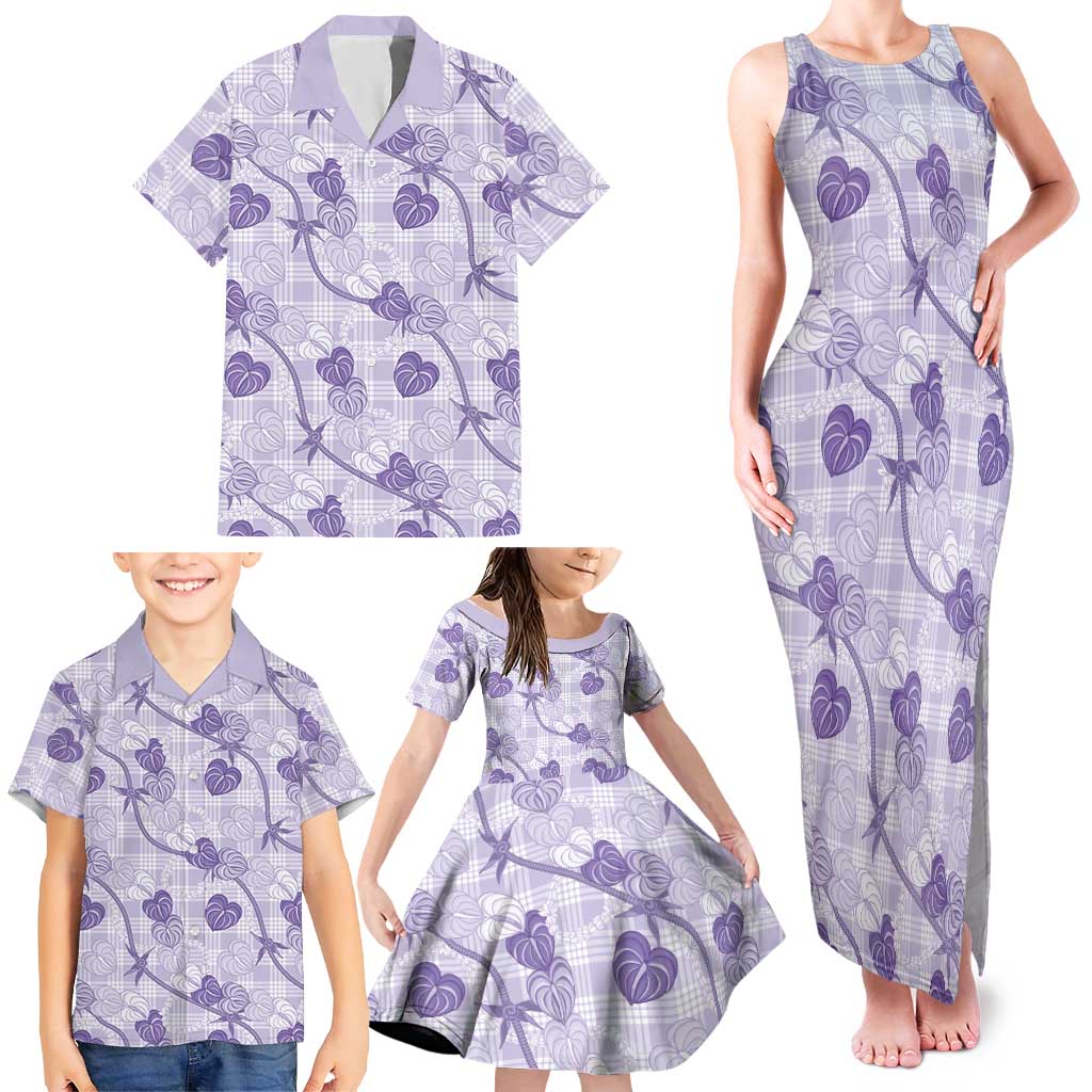 Anthurium Pikake Ti Leaf Palaka Family Matching Tank Maxi Dress and Hawaiian Shirt Purple Version