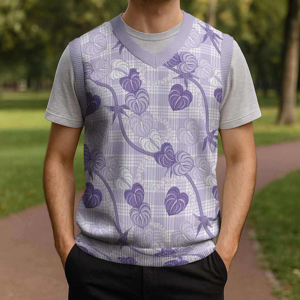 Anthurium Pikake Ti Leaf Palaka Christmas Knitted V-Neck Vest Purple Version LT01 - Polynesian Pride