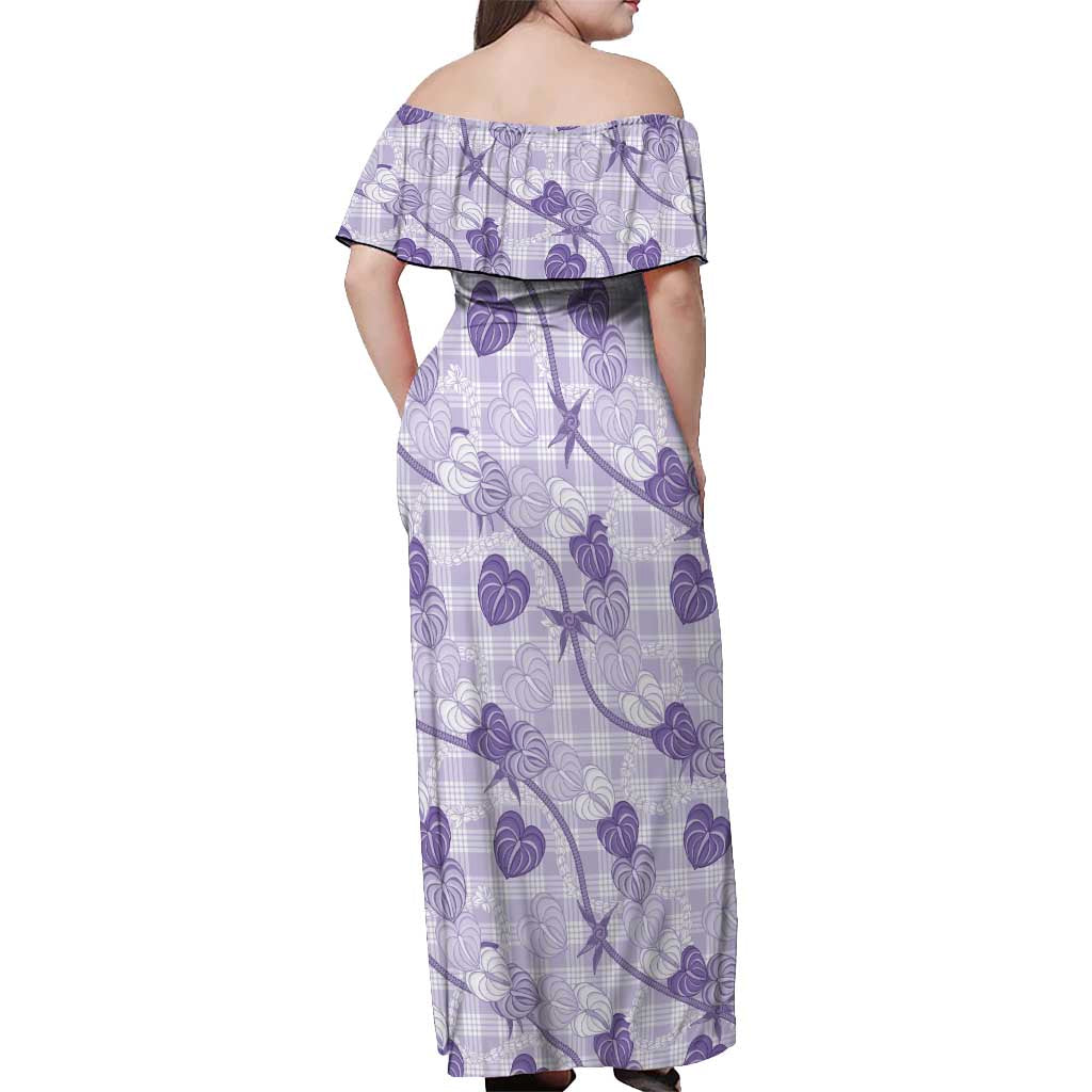 Anthurium Pikake Ti Leaf Palaka Off Shoulder Maxi Dress Purple Version