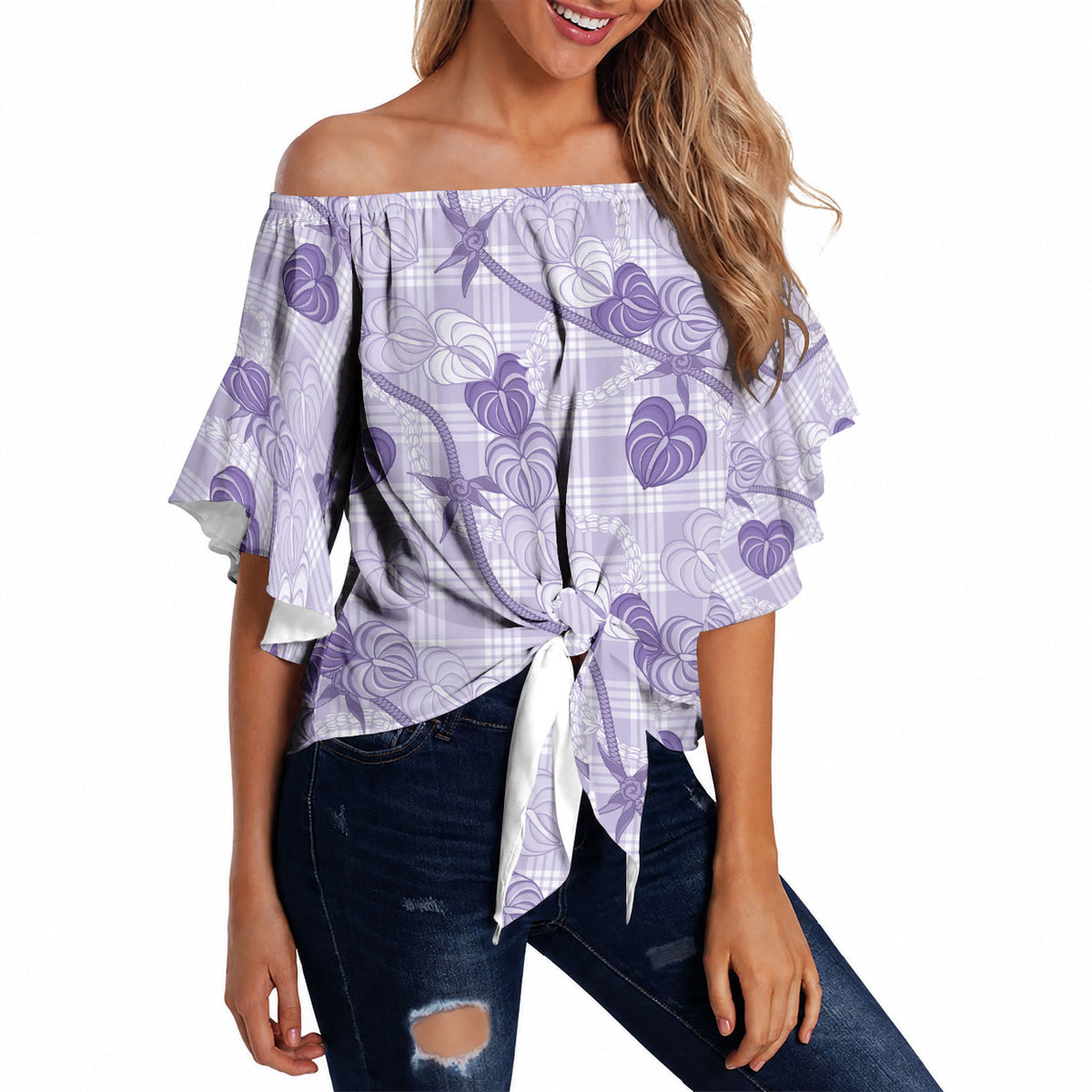 Anthurium Pikake Ti Leaf Palaka Off Shoulder Wrap Waist Top Purple Version LT01 - Polynesian Pride