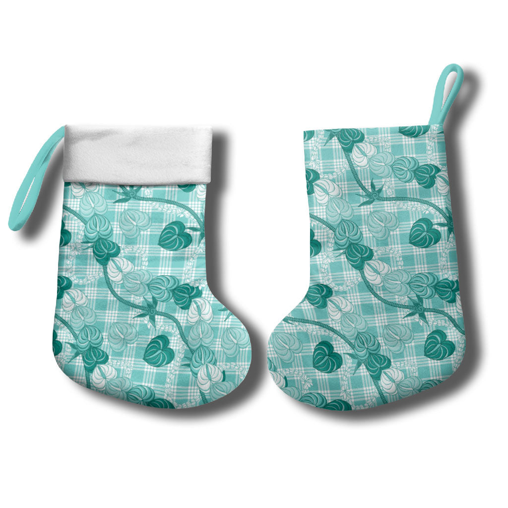 Anthurium Pikake Ti Leaf Palaka Christmas Stocking Turquoise Version LT01 - Polynesian Pride
