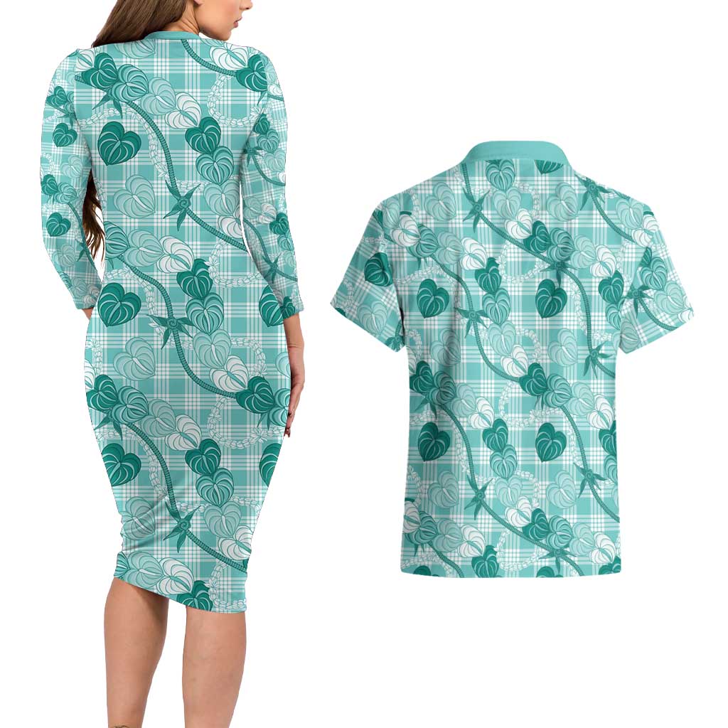 Anthurium Pikake Ti Leaf Palaka Couples Matching Long Sleeve Bodycon Dress and Hawaiian Shirt Turquoise Version