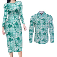 Anthurium Pikake Ti Leaf Palaka Couples Matching Long Sleeve Bodycon Dress and Long Sleeve Button Shirt Turquoise Version