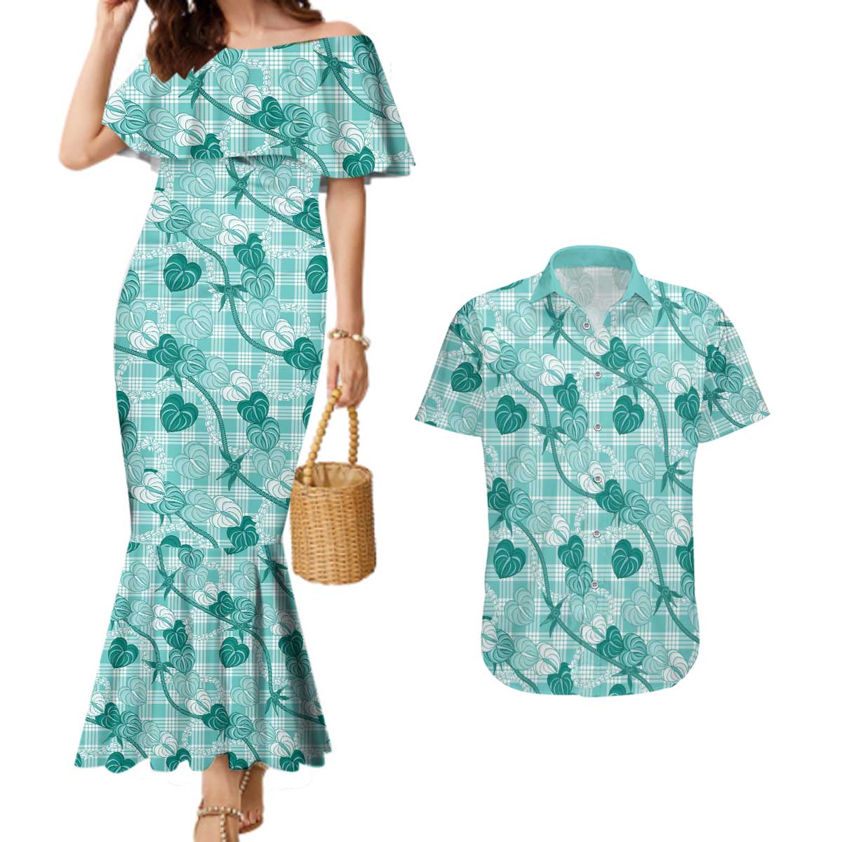 Anthurium Pikake Ti Leaf Palaka Couples Matching Mermaid Dress and Hawaiian Shirt Turquoise Version LT01 Turquoise - Polynesian Pride