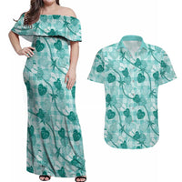 Anthurium Pikake Ti Leaf Palaka Couples Matching Off Shoulder Maxi Dress and Hawaiian Shirt Turquoise Version