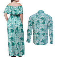 Anthurium Pikake Ti Leaf Palaka Couples Matching Off Shoulder Maxi Dress and Long Sleeve Button Shirt Turquoise Version