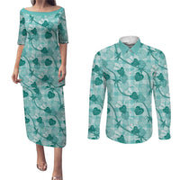 Anthurium Pikake Ti Leaf Palaka Couples Matching Puletasi and Long Sleeve Button Shirt Turquoise Version