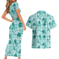 Anthurium Pikake Ti Leaf Palaka Couples Matching Short Sleeve Bodycon Dress and Hawaiian Shirt Turquoise Version