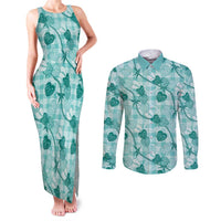 Anthurium Pikake Ti Leaf Palaka Couples Matching Tank Maxi Dress and Long Sleeve Button Shirt Turquoise Version