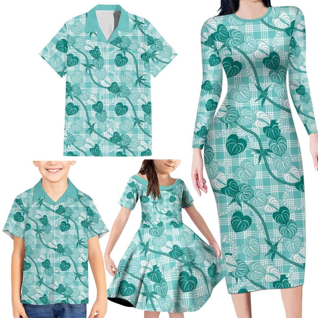 Anthurium Pikake Ti Leaf Palaka Family Matching Long Sleeve Bodycon Dress and Hawaiian Shirt Turquoise Version LT01 - Polynesian Pride