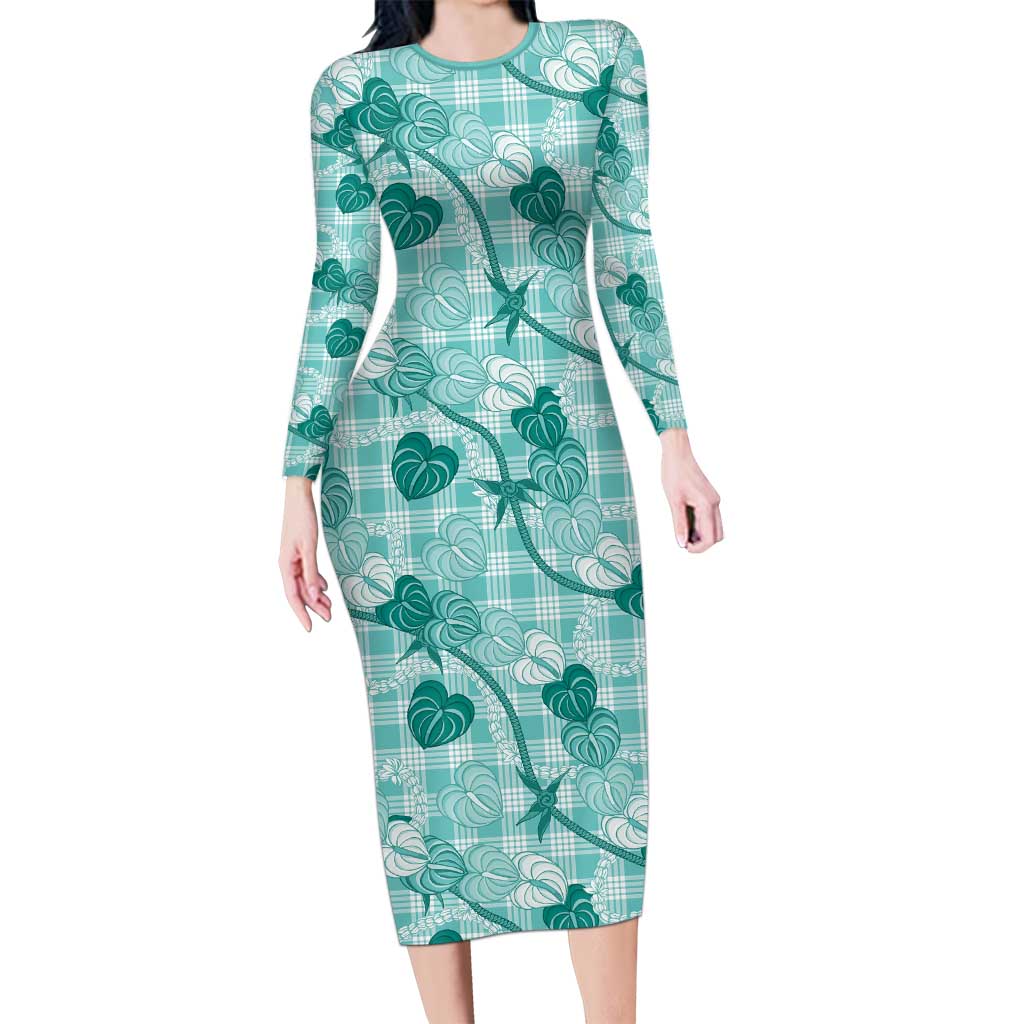 Anthurium Pikake Ti Leaf Palaka Family Matching Long Sleeve Bodycon Dress and Hawaiian Shirt Turquoise Version