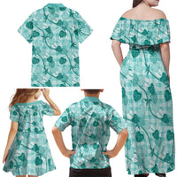 Anthurium Pikake Ti Leaf Palaka Family Matching Off Shoulder Maxi Dress and Hawaiian Shirt Turquoise Version