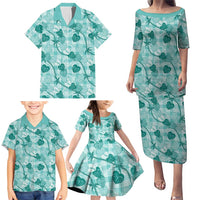 Anthurium Pikake Ti Leaf Palaka Family Matching Puletasi and Hawaiian Shirt Turquoise Version
