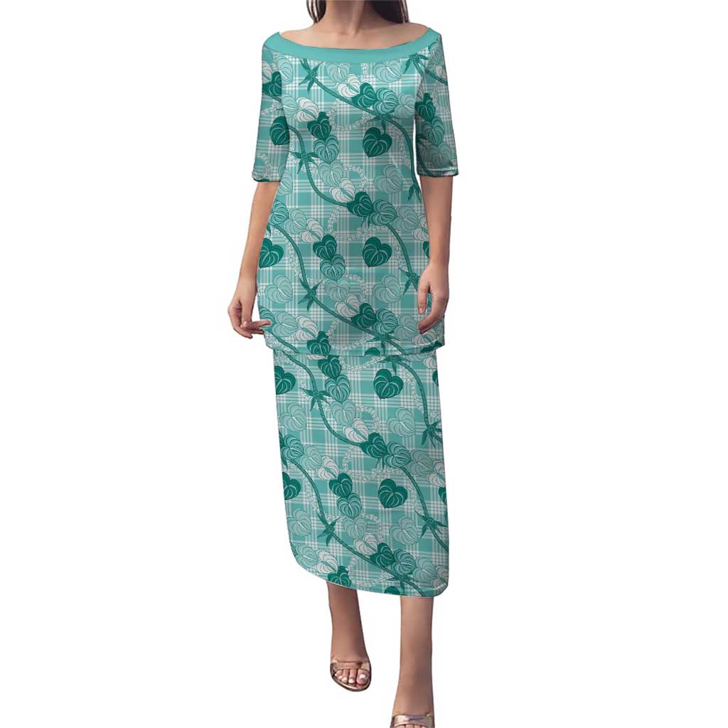 Anthurium Pikake Ti Leaf Palaka Family Matching Puletasi and Hawaiian Shirt Turquoise Version