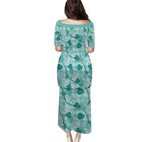 Anthurium Pikake Ti Leaf Palaka Family Matching Puletasi and Hawaiian Shirt Turquoise Version