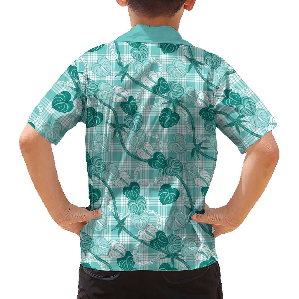 Anthurium Pikake Ti Leaf Palaka Family Matching Short Sleeve Bodycon Dress and Hawaiian Shirt Turquoise Version LT01 - Polynesian Pride